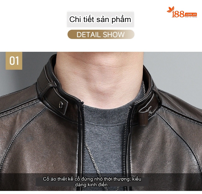 Áo Khoác Da Cừu Nam Dáng Ngắn Cổ Trụ Màu Nâu Đen chi tiết 19