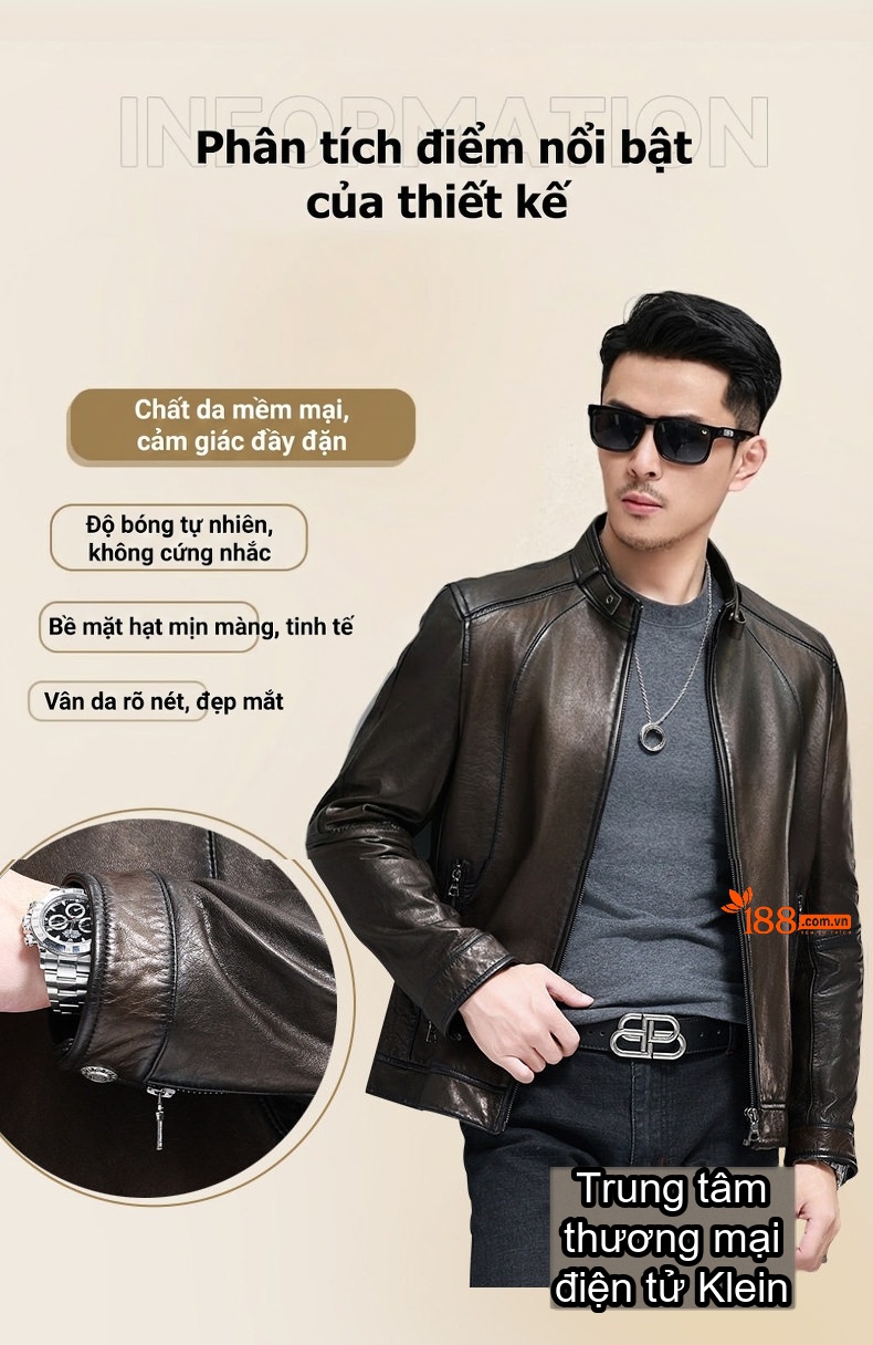 Áo Khoác Da Cừu Nam Dáng Ngắn Cổ Trụ Màu Nâu Đen chi tiết 8
