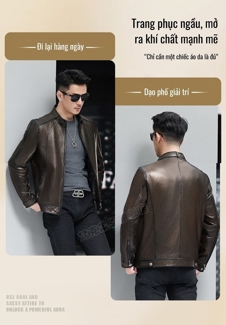 Áo Khoác Da Cừu Nam Dáng Ngắn Cổ Trụ Màu Nâu Đen chi tiết 11