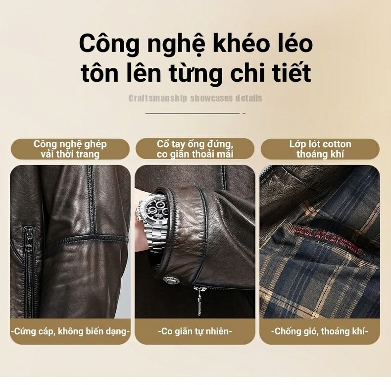 Áo Khoác Da Cừu Nam Dáng Ngắn Cổ Trụ Màu Nâu Đen chi tiết 12