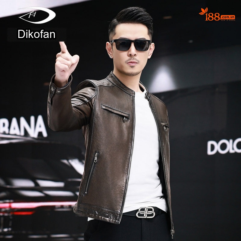 Áo Khoác Da Cừu Nam Dáng Ngắn Cổ Trụ Phong Cách Biker Màu Nâu
