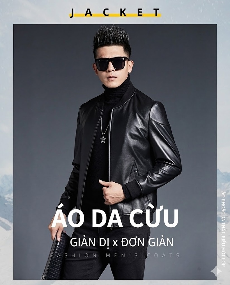 Áo Khoác Da Cừu Nam Dáng Ôm Cổ Trụ Màu Đen chi tiết 4