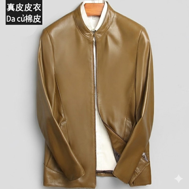 Áo Khoác Da Cừu Nam Dáng Ôm Cổ Trụ Màu Đen, Nâu, Xanh Navy, Đỏ Rượu Vang