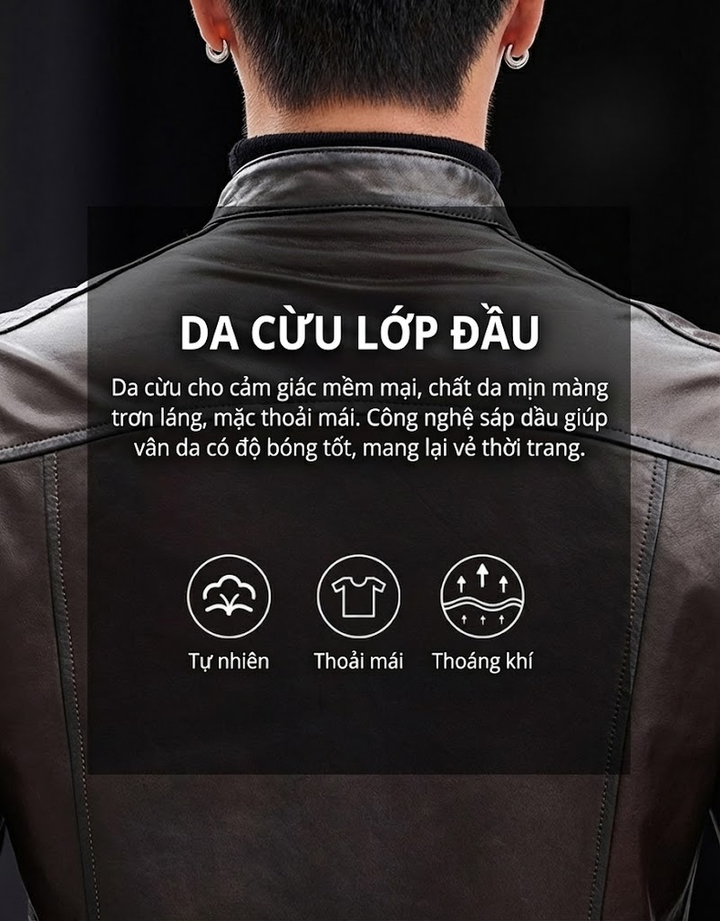 Áo Khoác Da Cừu Nam Dáng Ôm Cổ Trụ Phong Cách Retro Màu Nâu chi tiết 3