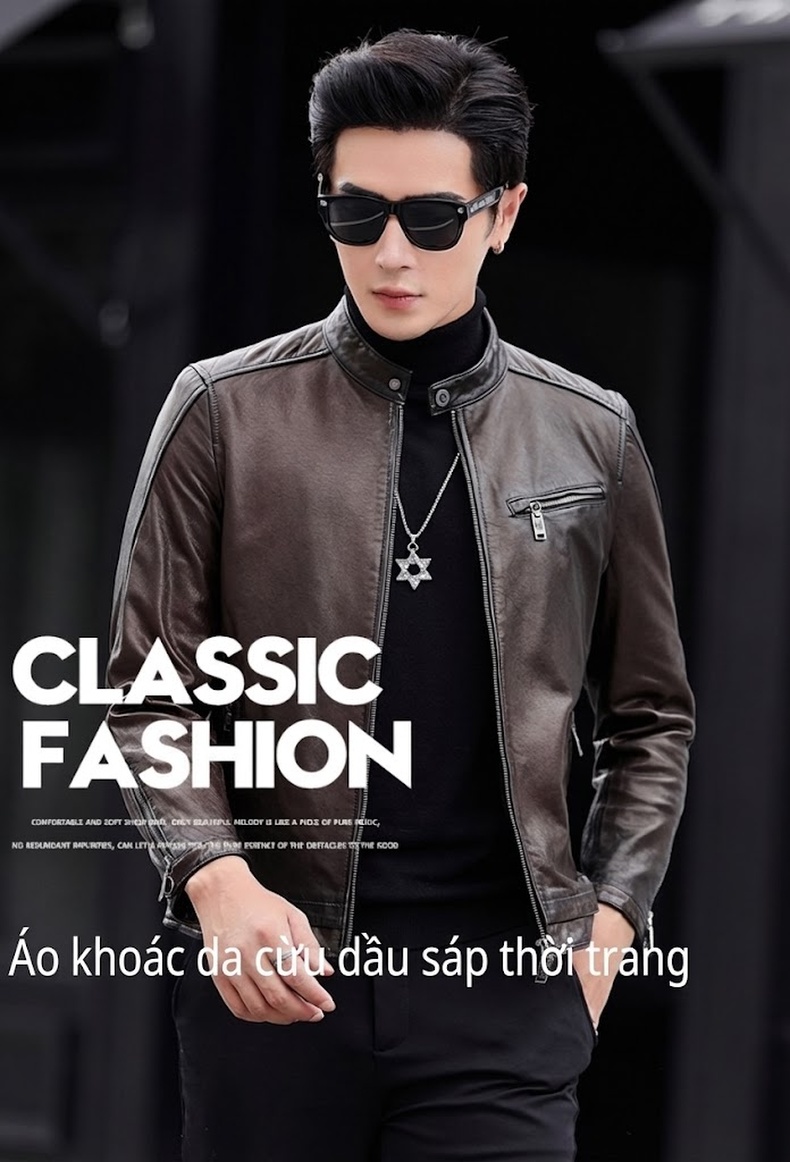 Áo Khoác Da Cừu Nam Dáng Ôm Cổ Trụ Phong Cách Retro Màu Nâu chi tiết 1