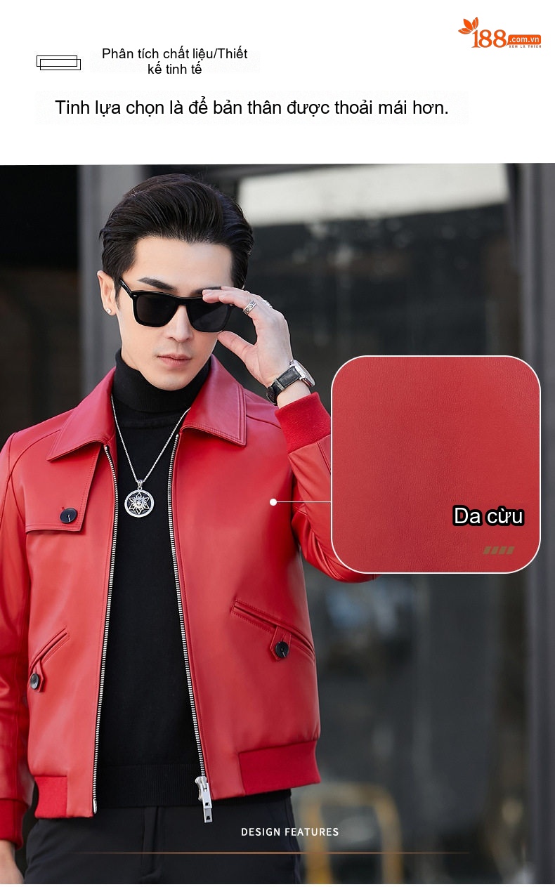 Áo Khoác Da Cừu Nam Dáng Ôm Ngắn Phong Cách Thời Trang Màu Đỏ, Đen chi tiết 1