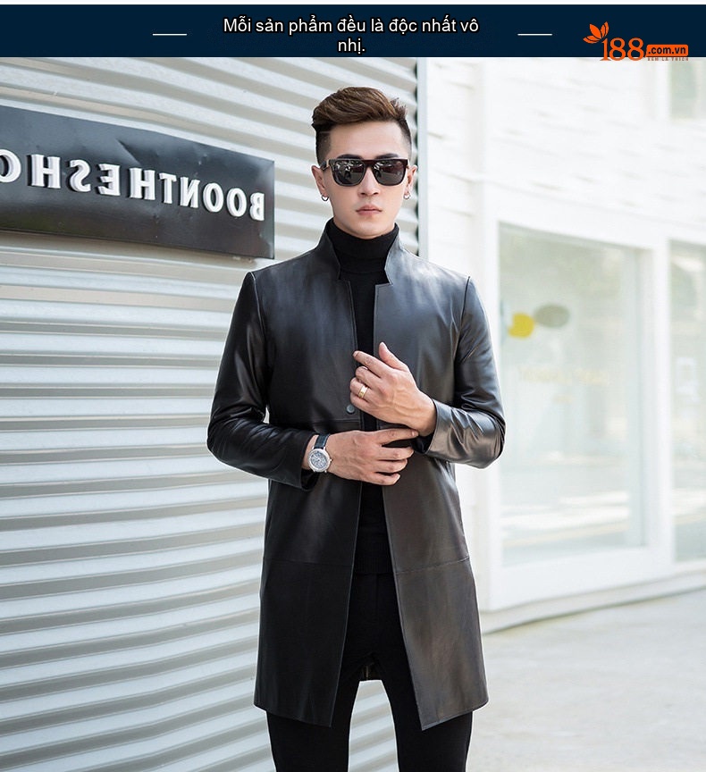 Áo Khoác Da Cừu Nam Dáng Ôm Phong Cách Hàn Quốc Cổ Trụ Dáng Dài Màu Đen chi tiết 1