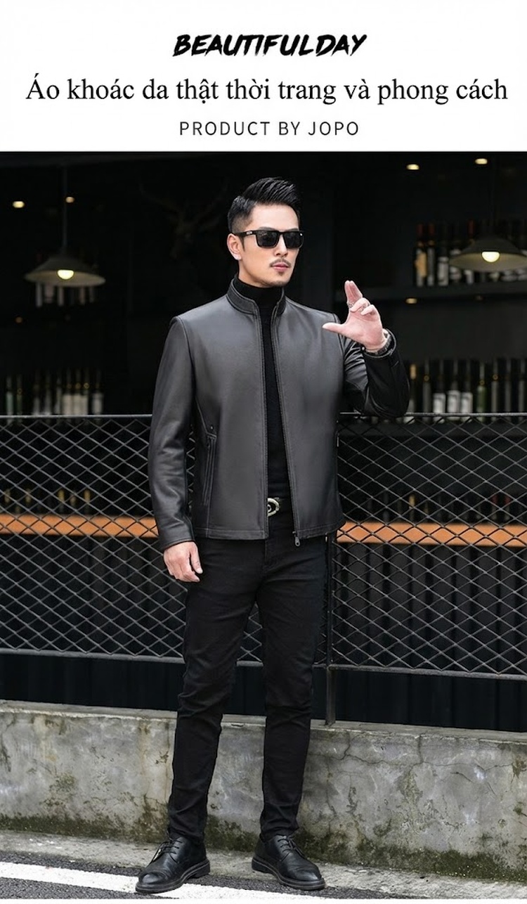 Áo Khoác Da Cừu Nam Dáng Ôm Phong Cách Moto Màu Đen chi tiết 1