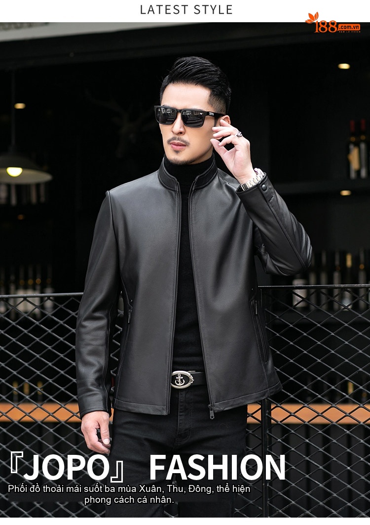 Áo Khoác Da Cừu Nam Dáng Ôm Phong Cách Moto Màu Đen chi tiết 2