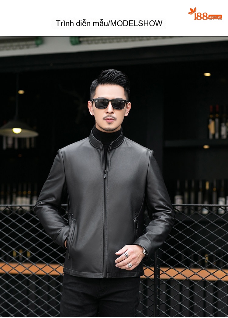 Áo Khoác Da Cừu Nam Dáng Ôm Phong Cách Moto Màu Đen chi tiết 4