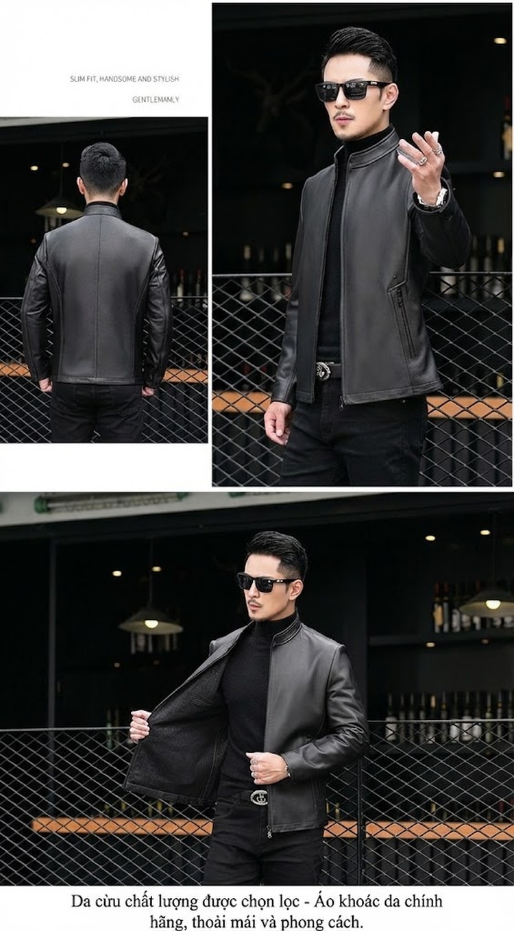 Áo Khoác Da Cừu Nam Dáng Ôm Phong Cách Moto Màu Đen chi tiết 5