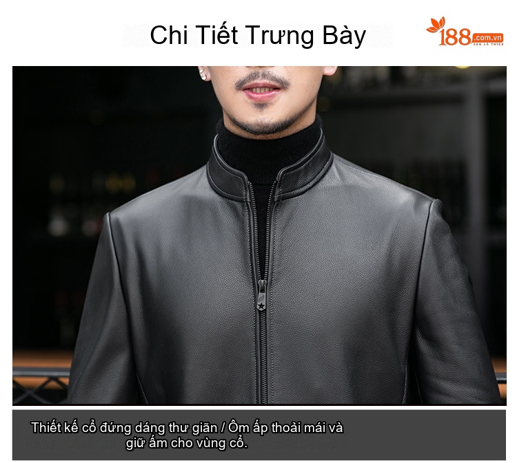 Áo Khoác Da Cừu Nam Dáng Ôm Phong Cách Moto Màu Đen chi tiết 8