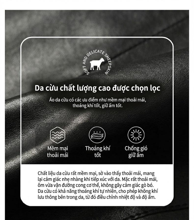 Áo Khoác Da Cừu Nam Dáng Vest Ôm Vừa Vặn Màu Đen chi tiết 3