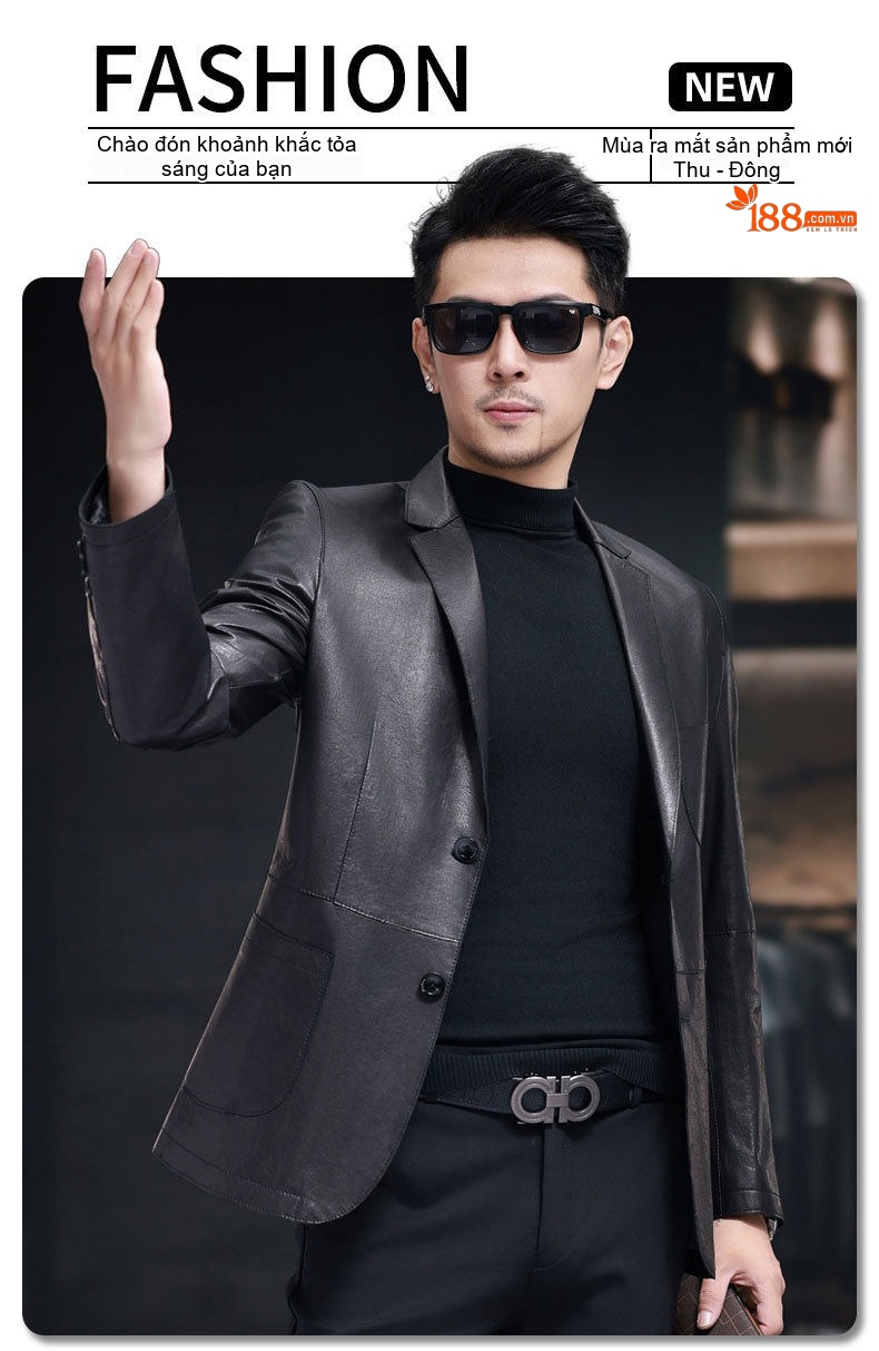 Áo Khoác Da Cừu Nam Dáng Vest Ôm Vừa Vặn Màu Đen chi tiết 1