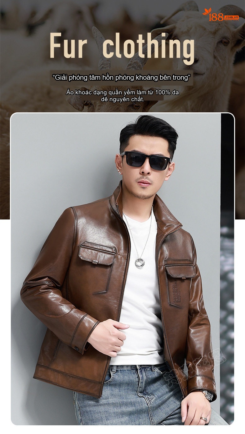 Áo Khoác Da Cừu Nam Kiểu Motor Biker Ngắn Màu Nâu chi tiết 1