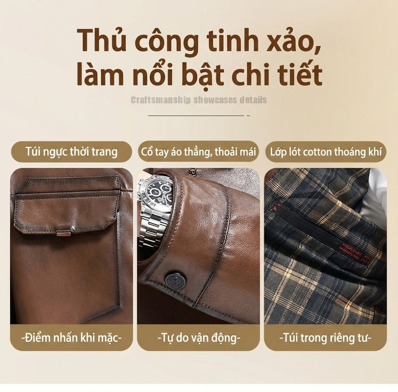 Áo Khoác Da Cừu Nam Kiểu Motor Biker Ngắn Màu Nâu chi tiết 12