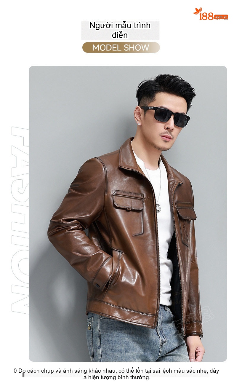 Áo Khoác Da Cừu Nam Kiểu Motor Biker Ngắn Màu Nâu chi tiết 13