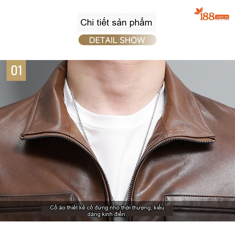 Áo Khoác Da Cừu Nam Kiểu Motor Biker Ngắn Màu Nâu chi tiết 21