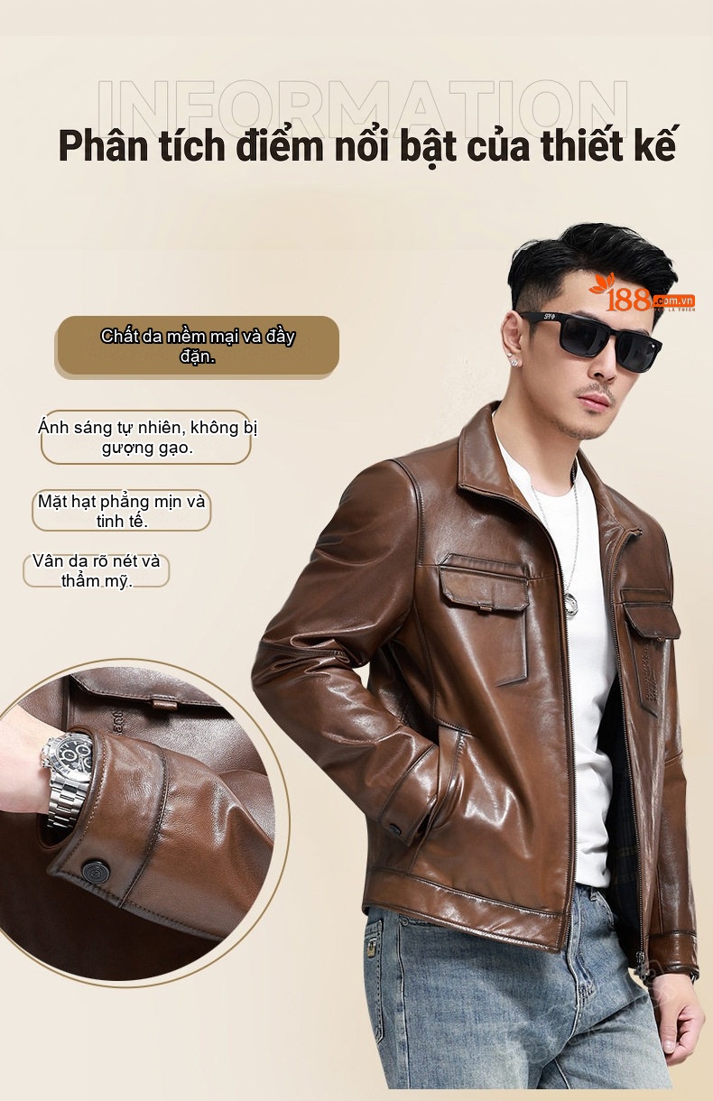 Áo Khoác Da Cừu Nam Kiểu Motor Biker Ngắn Màu Nâu chi tiết 8
