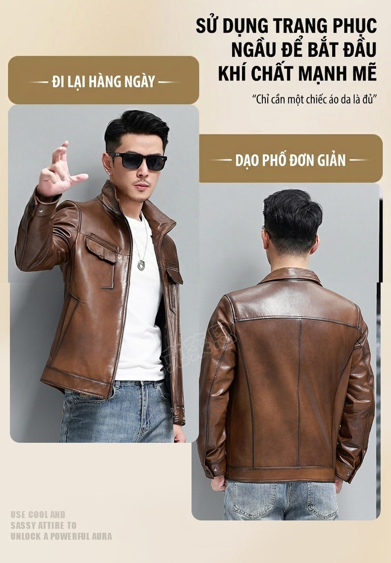 Áo Khoác Da Cừu Nam Kiểu Motor Biker Ngắn Màu Nâu chi tiết 11