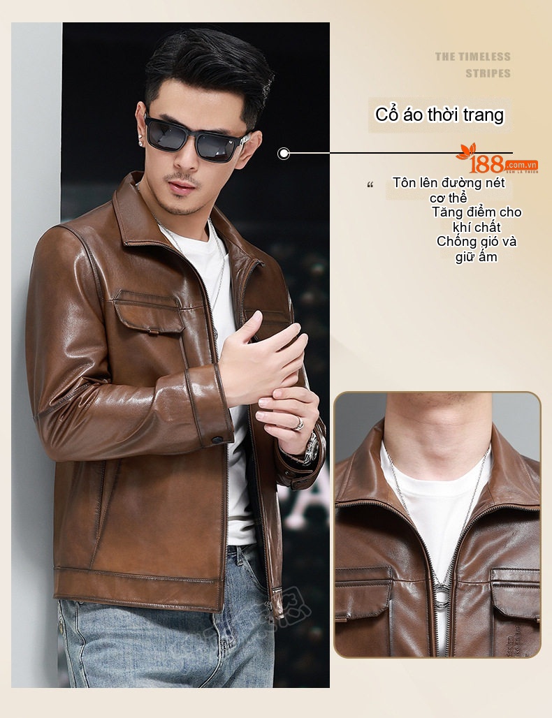 Áo Khoác Da Cừu Nam Kiểu Motor Biker Ngắn Màu Nâu chi tiết 9