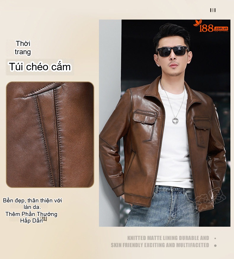 Áo Khoác Da Cừu Nam Kiểu Motor Biker Ngắn Màu Nâu chi tiết 10