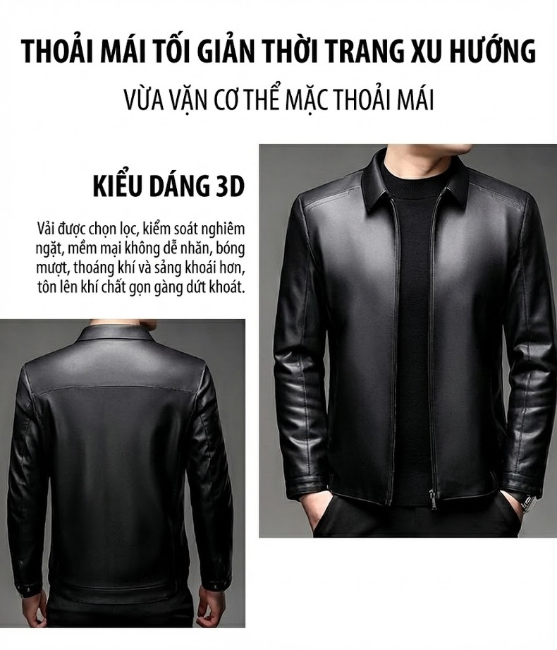 Áo Khoác Da Cừu Nam Lót Lông Cổ Bẻ Thời Trang Trung Niên Màu Đen chi tiết 3