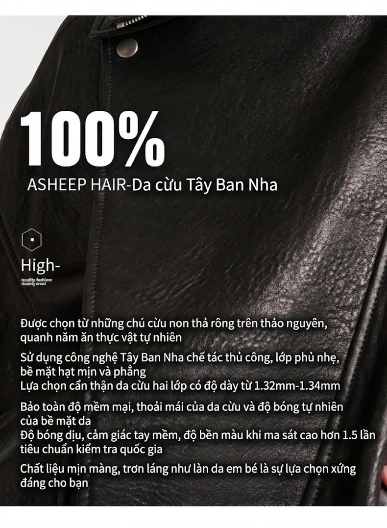 Áo Khoác Da Cừu Non Da Thật Dáng Rộng Phong Cách Retro Màu Đen chi tiết 4
