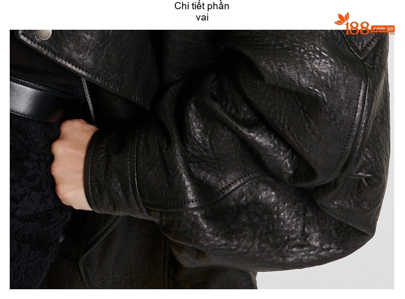 Áo Khoác Da Cừu Non Da Thật Dáng Rộng Phong Cách Retro Màu Đen chi tiết 16