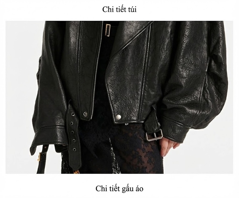 Áo Khoác Da Cừu Non Da Thật Dáng Rộng Phong Cách Retro Màu Đen chi tiết 19