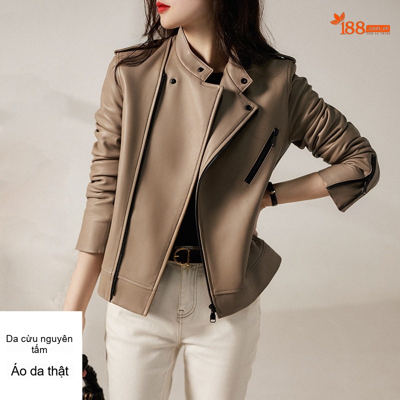 Áo Khoác Da Cừu Nữ Cổ Trụ Kiểu Hàn Quốc Dáng Ngắn Màu Be