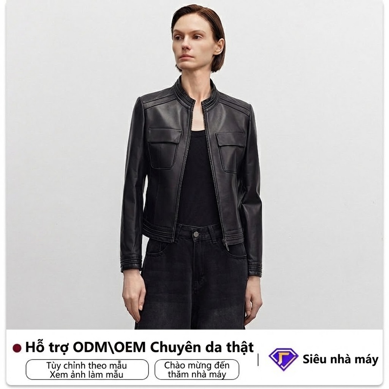 Áo Khoác Da Cừu Nữ Cổ Trụ Ngắn Màu Đen