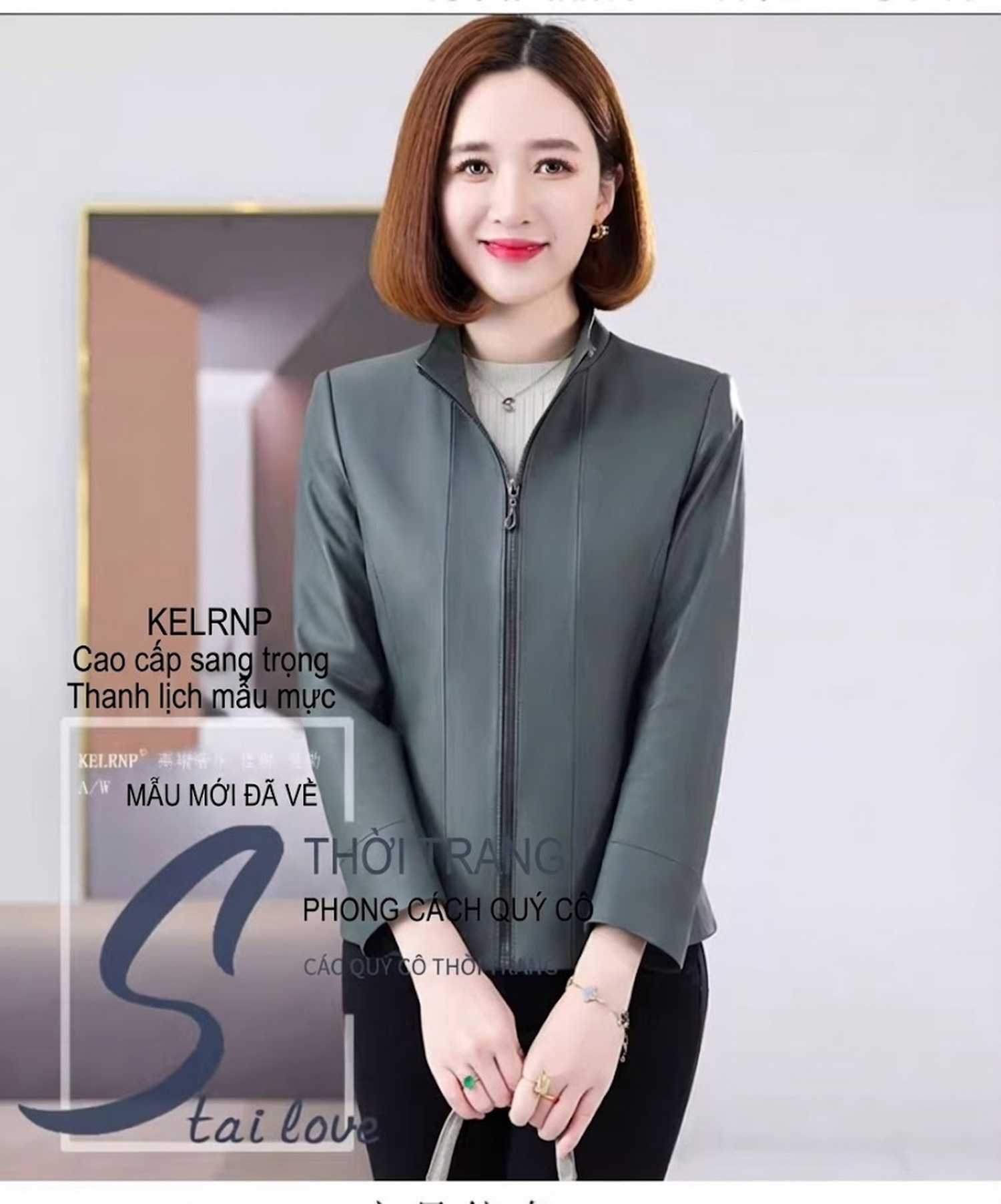 Áo Khoác Da Cừu Nữ Da Thật Dáng Ngắn Thanh Lịch Màu Đen, Xanh chi tiết 1