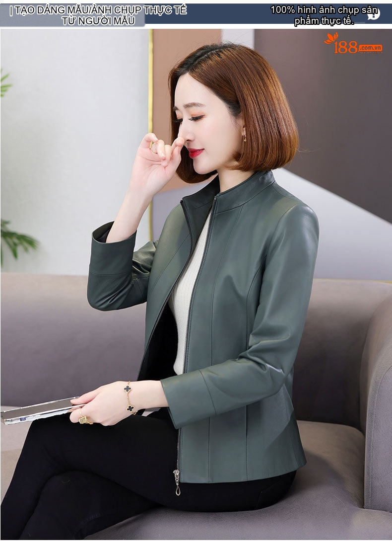 Áo Khoác Da Cừu Nữ Da Thật Dáng Ngắn Thanh Lịch Màu Đen, Xanh chi tiết 8