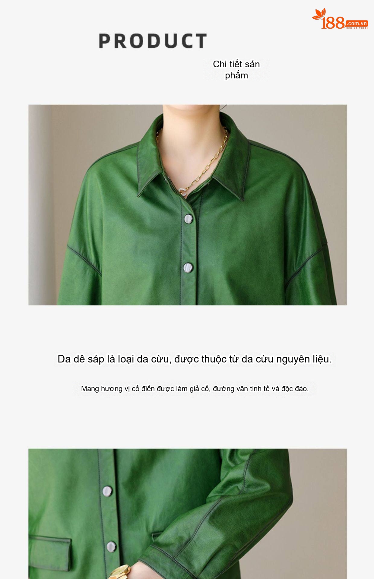 Áo Khoác Da Cừu Nữ Da Thật Dáng Rộng Phong Cách Casual Màu Xanh Lá chi tiết 4