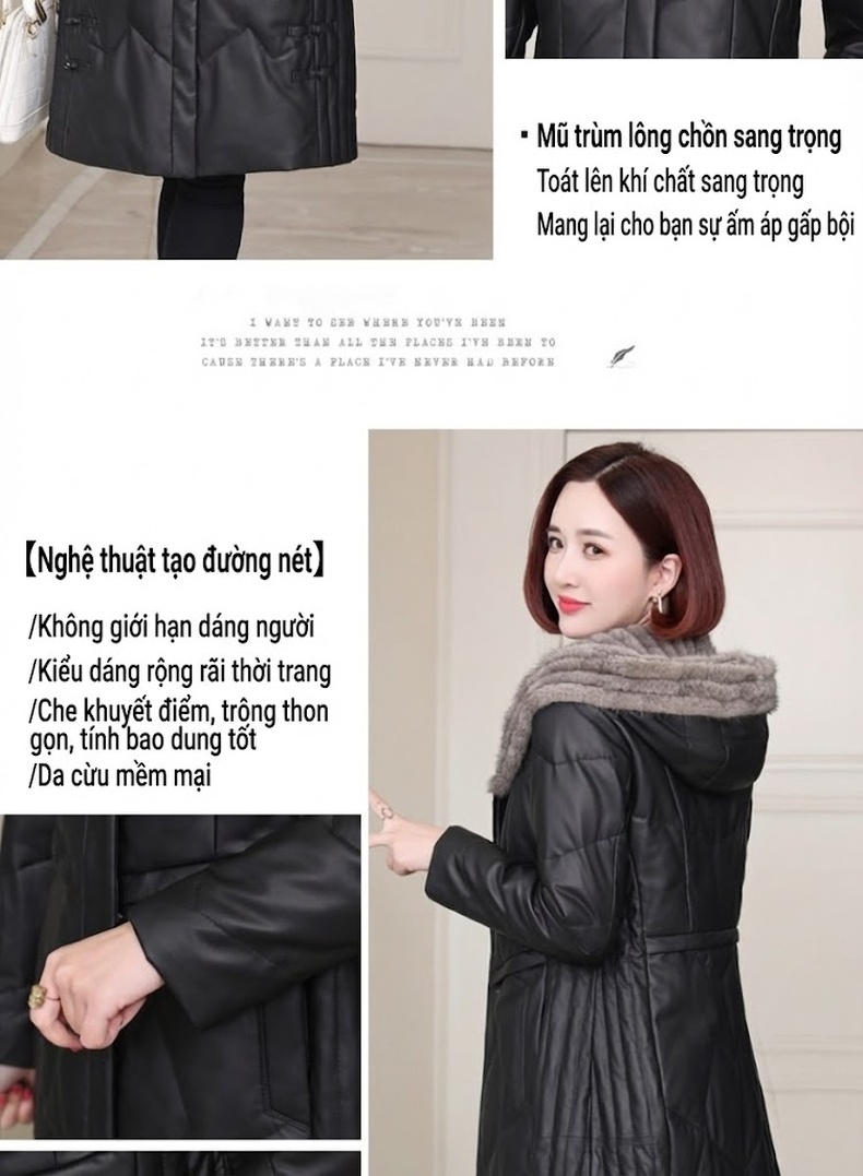 Áo Khoác Da Cừu Nữ Dáng Dài Có Mũ Lông Trùm Đầu Màu Đen chi tiết 1