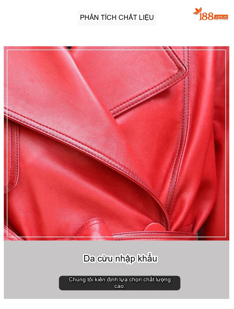 Áo Khoác Da Cừu Nữ Dáng Moto Có Đai Thắt Eo Màu Đỏ, Nâu chi tiết 5