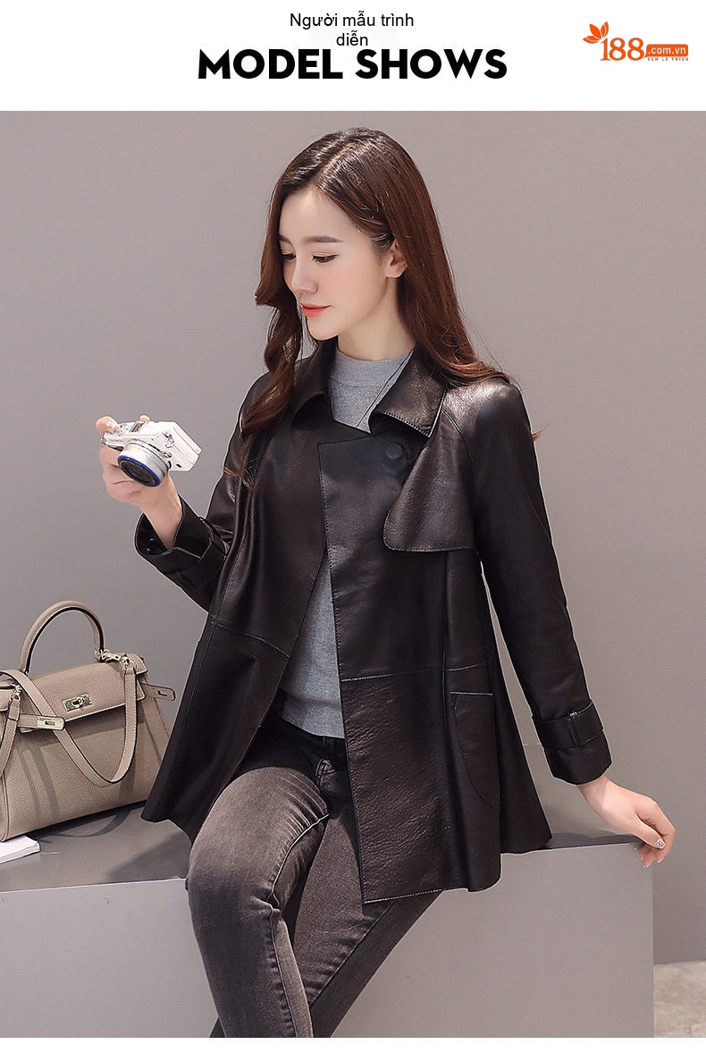 Áo Khoác Da Cừu Nữ Dáng Ngắn Cổ Bẻ Vai Liền Kiểu Hàn Quốc Màu Đen chi tiết 4