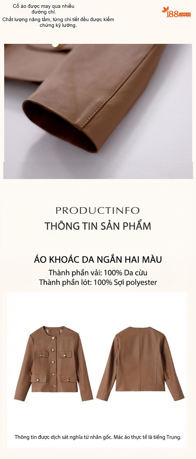 Áo Khoác Da Cừu Nữ Dáng Ngắn Cổ Tròn Khuy Cài Thời Trang Màu Nâu, Đen chi tiết 4