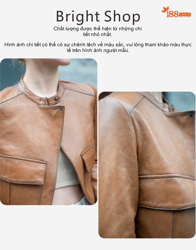 Áo Khoác Da Cừu Nữ Dáng Ngắn Cổ Trụ Ôm Dáng Màu Nâu, Đen chi tiết 8