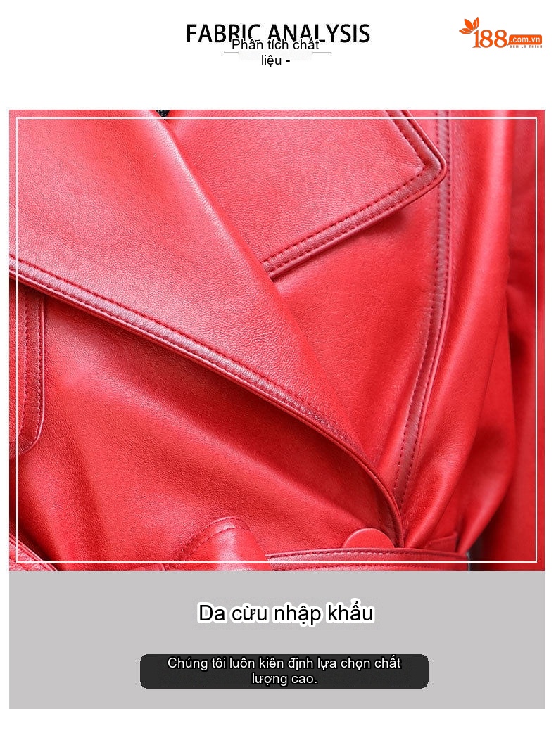 Áo Khoác Da Cừu Nữ Dáng Ngắn Eo Cao Màu Đỏ, Nâu chi tiết 5