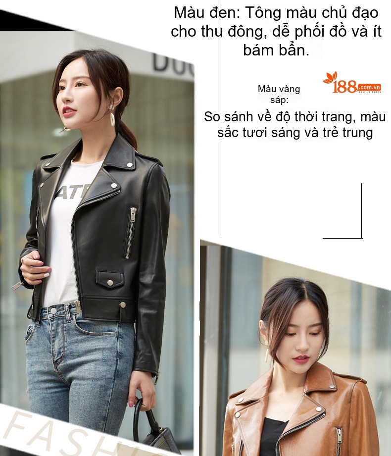 Áo Khoác Da Cừu Nữ Dáng Ngắn Ôm Dáng Phong Cách Biker Màu Đen, Nâu chi tiết 2