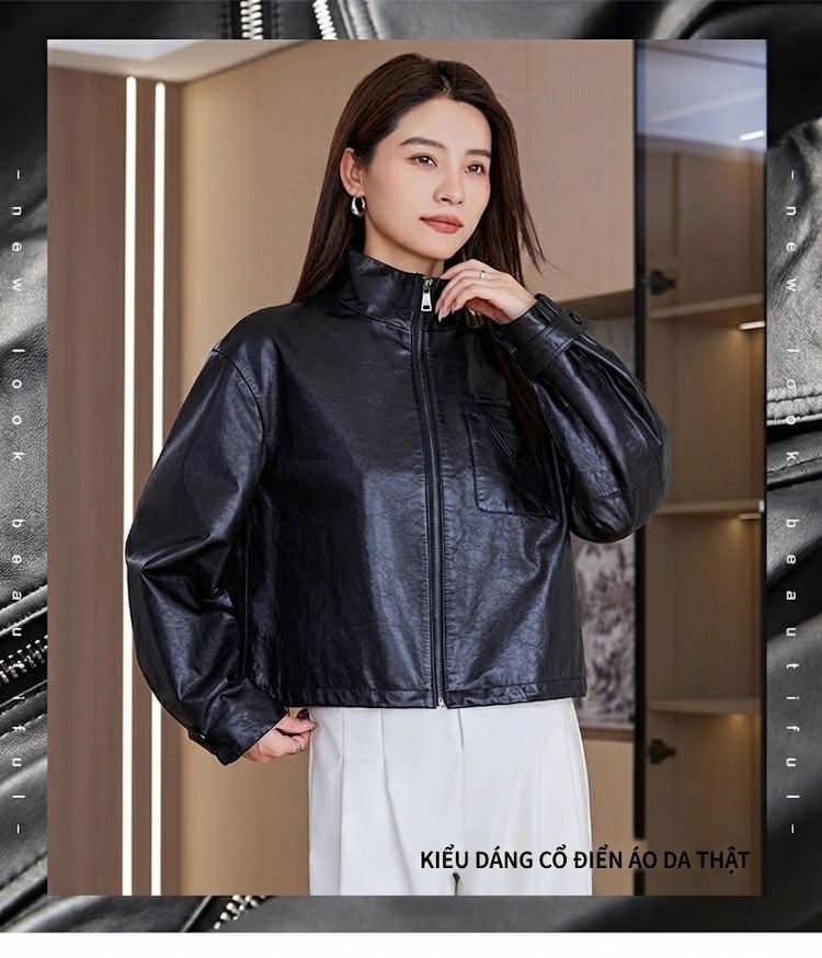 Áo Khoác Da Cừu Nữ Dáng Ngắn Phong Cách Moto Màu Đen chi tiết 1