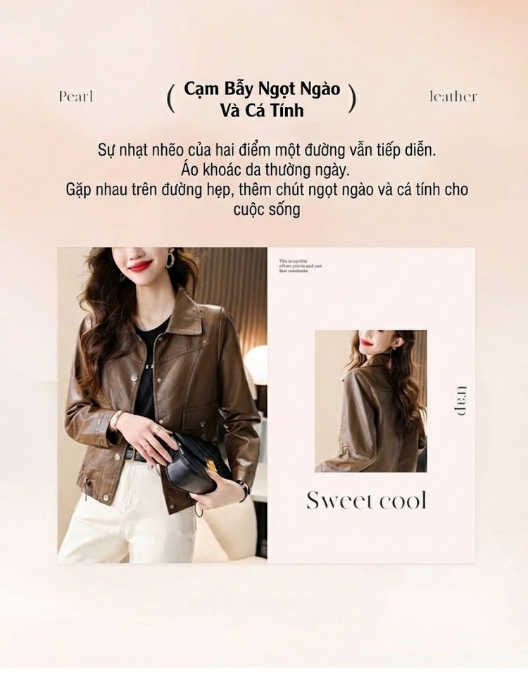 Áo Khoác Da Cừu Nữ Dáng Ôm Cổ Bẻ Ngắn Cao Cấp Màu Nâu, Đen chi tiết 2