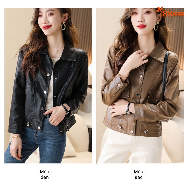 Áo Khoác Da Cừu Nữ Dáng Ôm Cổ Bẻ Ngắn Cao Cấp Màu Nâu, Đen chi tiết 10