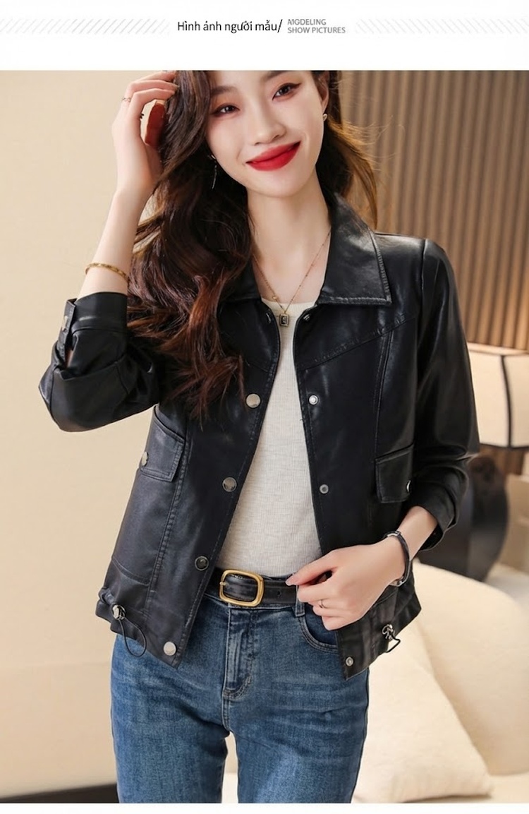 Áo Khoác Da Cừu Nữ Dáng Ôm Cổ Bẻ Ngắn Cao Cấp Màu Nâu, Đen chi tiết 11