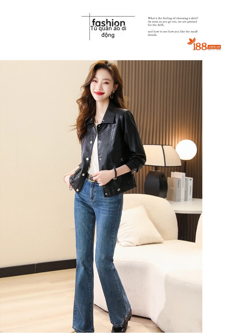 Áo Khoác Da Cừu Nữ Dáng Ôm Cổ Bẻ Ngắn Cao Cấp Màu Nâu, Đen chi tiết 15