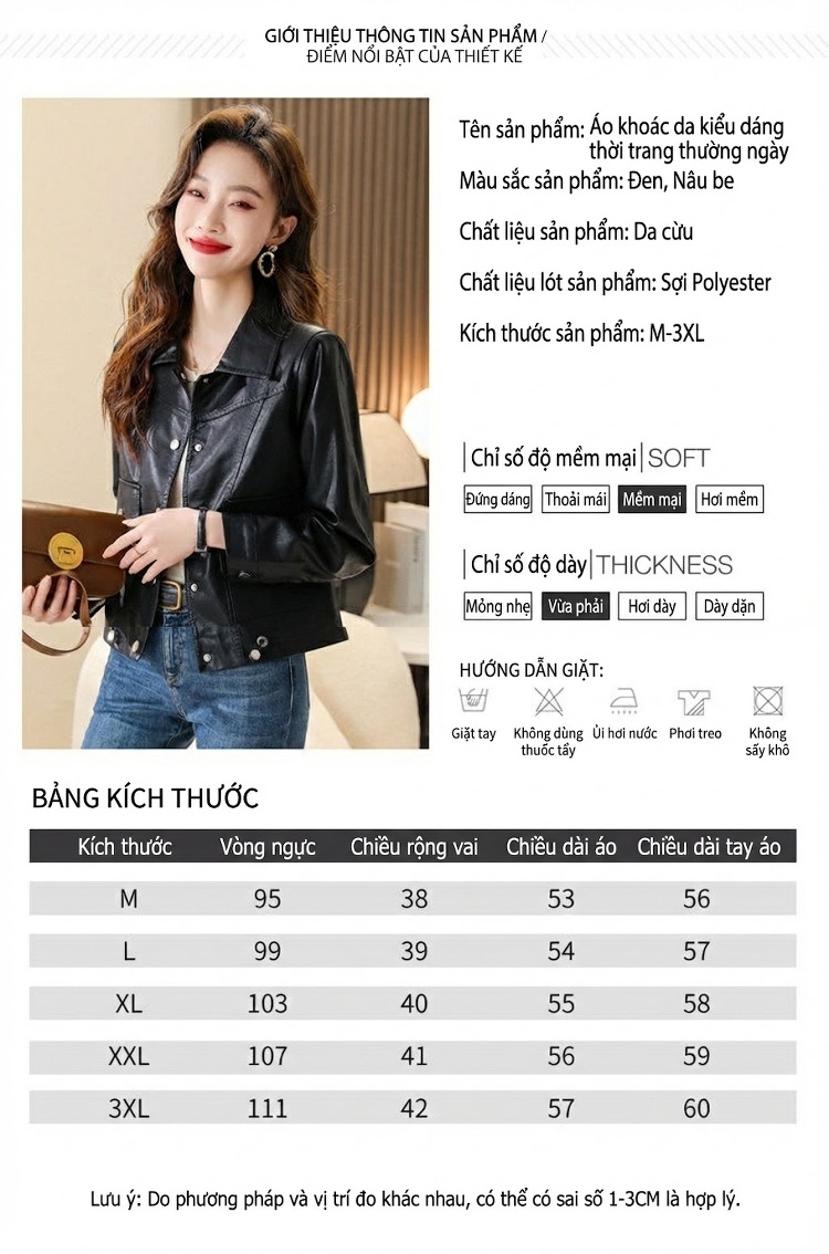Áo Khoác Da Cừu Nữ Dáng Ôm Cổ Bẻ Ngắn Cao Cấp Màu Nâu, Đen chi tiết 9