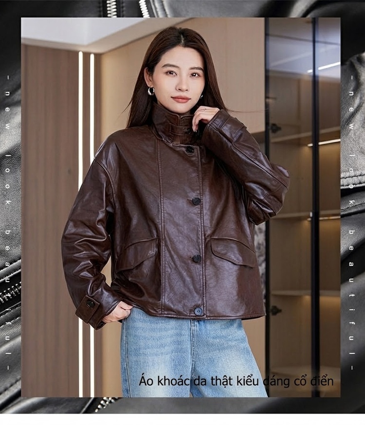 Áo Khoác Da Cừu Nữ Kiểu Bomber Ngắn Tay Dài Màu Nâu chi tiết 1