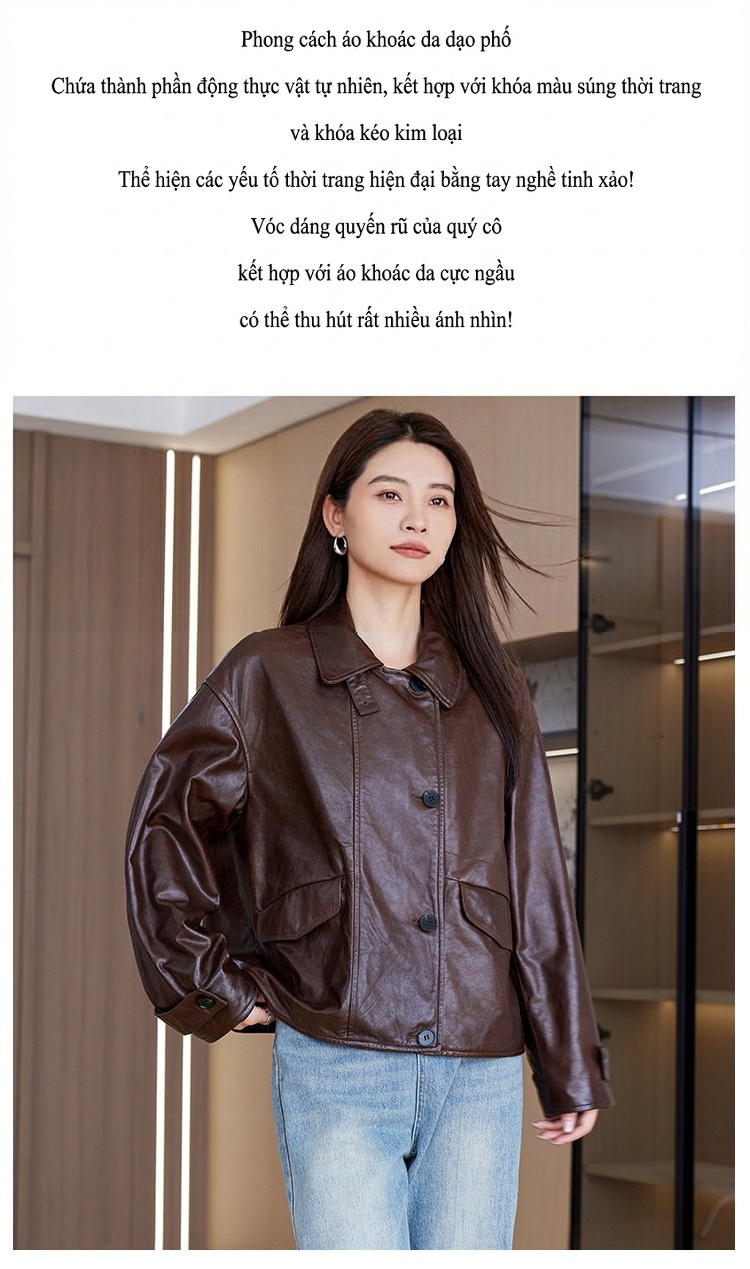 Áo Khoác Da Cừu Nữ Kiểu Bomber Ngắn Tay Dài Màu Nâu chi tiết 7